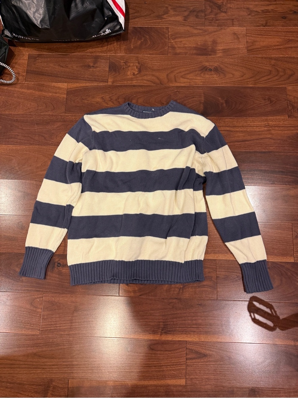 Brandy Melville Navy and Cream Striped Crewneck Sweater